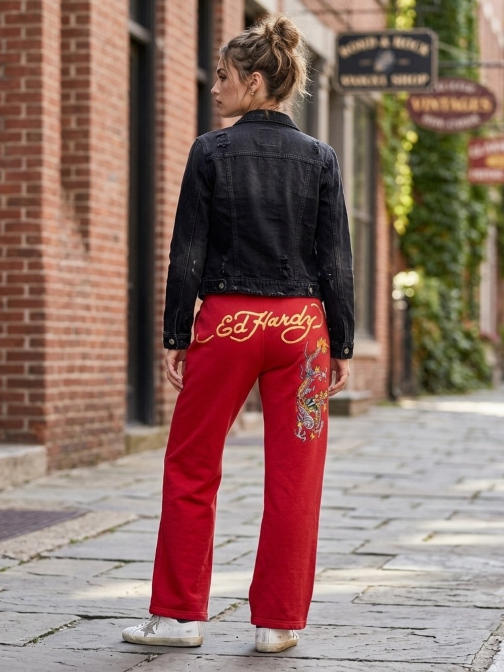 Ed Hardy Womens XL Wide Leg Dragon Fleece Jogger Pants Cherry Red